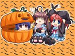  3girls 5pb. :3 ahoge akabeisoft2 animal_ears bat cat_ears chibi halloween hat highres hinata_natsumi jack-o'-lantern mitsuhiro_sachi multiple_girls nekomimi oone_touka paws pumpkin school_uniform seifuku serafuku sharin_no_kuni_himawari_no_shoujo tail wallpaper witch witch_hat 