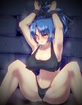  armpits arms_up bdsm blue_eyes blue_hair blush bondage bound breasts brick_wall chain chained cleavage covered_nipples crop_top cuffs heavy_breathing highleg highleg_panties highres huge_breasts impossible_clothes impossible_shirt leona_heidern long_hair panties ponytail shackles shirt solo spread_legs tank_top the_king_of_fighters underwear underwear_only yamaneko_ken 