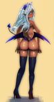  ass bad_id bad_pixiv_id black_legwear blue_eyes breasts dark_skin demon_girl demon_tail demon_wings high_heels highres horns kyuuso_inukami legs light_smile long_legs looking_at_viewer looking_back low_wings medium_breasts original panties panty_pull pointy_ears shiny shiny_skin shoes sideboob silver_hair smile tail thighhighs underwear wings yellow_background 