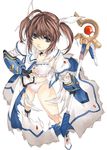  blue_eyes bow bra brown_hair fingerless_gloves gauntlets gloves hair_ribbon kurokoeda looking_up lyrical_nanoha magical_girl mahou_shoujo_lyrical_nanoha mahou_shoujo_lyrical_nanoha_a's mahou_shoujo_lyrical_nanoha_the_movie_2nd_a's panties parted_lips puffy_sleeves raising_heart ribbon solo staff takamachi_nanoha torn_clothes twintails underwear 