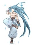  baggy_pants barefoot blue_hair full_body highres long_hair male_focus muscle pants samurai_spirits solo standing standing_on_one_leg suija_sogetsu tattoo very_long_hair warumono_tomii 
