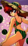  back blue_eyes braid earrings food food_print fruit genderswap genderswap_(mtf) hand_on_hip hat jewelry looking_back nakajima_atsuko oldschool ranma-chan ranma_1/2 red_hair saotome_ranma single_braid solo straw_hat swimsuit watermelon watermelon_print 