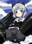  animal_ears aqua_eyes black_legwear blush cat_ears cloud crotch_seam day from_below looking_down military military_uniform pantyhose rocket_launcher sanya_v_litvyak short_hair silver_hair sky solo spread_legs strike_witches striker_unit tail tokiani uniform weapon world_witches_series 