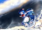  apron blue_dress blue_hair blush boots bow bowtie dress flying food fruit hat hat_ornament highres hinanawi_tenshi keystone long_hair mountain open_mouth peach red_eyes rope shimenawa sky smile solo touhou tsubasa_(abchipika) 