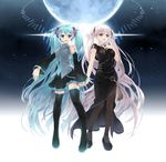  aqua_eyes aqua_hair artist_request boots china_dress chinese_clothes dress hair_ribbon hand_on_own_chest hatsune_miku headset highres holding_hands long_hair mabinogi multiple_girls nao_(mabinogi) official_art ribbon sky star_(sky) starry_sky thigh_boots thighhighs twintails very_long_hair vocaloid white_hair 
