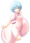  alternate_costume blue_hair dress lace lace-trimmed_dress looking_at_viewer pink_dress puffy_sleeves red_eyes remilia_scarlet ribbon short_hair short_sleeves simple_background solo touhou tsukishiro_kou white_background 