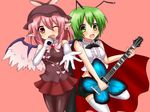  adapted_costume animal_ears antennae bad_id bad_pixiv_id brown_legwear cape earrings elbow_gloves gloves green_eyes green_hair guitar haniwagi_(hal) instrument jewelry looking_at_viewer microphone multiple_girls mystia_lorelei one_eye_closed open_mouth outstretched_arm outstretched_hand pantyhose pink_background pink_eyes pink_hair shirt shorts single_earring skirt sleeveless sleeveless_shirt thighhighs touhou white_gloves white_legwear wings wriggle_nightbug zettai_ryouiki 