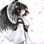  bird_wings black_hair breasts cherry_blossoms detached_sleeves feathers hat japanese_clothes lips looking_away medium_breasts nanashii_(soregasisan) obi parted_lips pom_pom_(clothes) profile red_eyes sash shameimaru_aya short_hair simple_background smile solo tokin_hat touhou white_background wide_sleeves wind wings 
