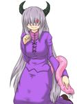  blush breasts demon grey_hair horns kaname_(artist) large_breasts long_hair simple_background slime solo tail very_long_hair white_background 