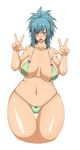  bikini blue_hair blush breasts covered_nipples curvy double_v green_eyes highres huge_breasts leona_heidern long_hair navel plump ponytail solo swimsuit the_king_of_fighters thick_thighs thigh_gap thighs tongue tongue_out v warumono_tomii wide_hips 