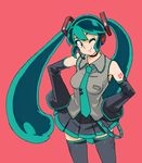  aqua_hair chikuwa_(tks) cosplay detached_sleeves eyeshadow hatsune_miku hatsune_miku_(cosplay) long_hair lum makeup necktie one_eye_closed red_background solo twintails urusei_yatsura vocaloid 