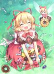  &gt;_&lt; :d :x ^_^ ascot blonde_hair blush bow cake candy closed_eyes doll doughnut dress flower food hair_bow hair_ribbon lily_of_the_valley medicine_melancholy multiple_girls open_mouth ribbon short_hair silver15 skirt smile su-san sweets touhou wings 