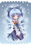  adapted_costume ahoge alternate_color blue_eyes blue_hair bow cirno cosplay detached_sleeves fang hair_bow hakurei_reimu hakurei_reimu_(cosplay) ice ice_wings invoke@daichan! long_sleeves midriff one_eye_closed open_mouth player_2 shirt skirt skirt_set smile solo star touhou white_sleeves wide_sleeves wings 