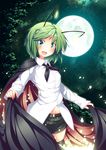  :d antennae belt black_legwear blush cape dress_shirt full_moon green_eyes green_hair highres moon navel open_mouth shirt short_hair shorts sky smile solo star_(sky) starry_sky thighhighs touhou ugume wriggle_nightbug 