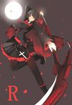  absurdres artist_request black_hair black_legwear breasts cloak crescent_rose cross full_moon highres hood hooded_cloak medium_breasts moon pantyhose petals red_eyes rose_petals ruby_rose rwby scythe short_hair solo source_request standing standing_on_one_leg weapon 