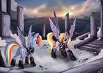  armor blonde_hair blue_fur cloud clouds cutie_mark derpy_hooves_(mlp) duo equine female feral friendship_is_magic fur grey_fur hair horse mammal multi-colored_hair my_little_pony outside pegasus pony ponykillerx purple_eyes rainbow_dash_(mlp) rainbow_hair sky sword weapon wings 