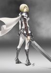  armor blonde_hair blue_eyes bob_cut boots breasts cape clare_(claymore) claymore claymore_(sword) daniel_macgregor faulds high_heels huge_weapon looking_back medium_breasts pantyhose pauldrons shoes short_hair silver_eyes solo sword weapon 