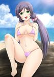  :d barefoot beach bikini black_hair breasts breasts_apart cloud day fuuma_nagi green_eyes hands_on_own_chest horizon large_breasts long_hair looking_at_viewer love_live! love_live!_school_idol_project low_twintails micro_bikini navel ocean open_mouth outdoors sitting skindentation sky smile solo string_bikini swimsuit toujou_nozomi twintails water 
