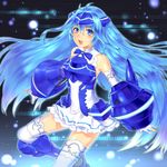  :d armor bare_shoulders blue_eyes blue_hair blush boots bow breastplate detached_sleeves dress fingerless_gloves gauntlets gloves greaves headgear light_particles long_hair open_mouth smile solo suika01 thighhighs vividblue vividred_operation white_legwear 