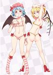  armpits arms_up ass bat_wings bikini blonde_hair blue_hair blush cameltoe covered_nipples fang flandre_scarlet flat_chest from_behind hat high_heels kneehighs looking_back micro_bikini mizuryuu_kei multiple_girls navel pink_bikini pink_eyes red_eyes remilia_scarlet shoes short_hair side_ponytail smile socks striped striped_legwear sweat swimsuit thong_bikini touhou wings wrist_cuffs yellow_bikini 