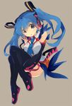  blue_eyes blue_hair boots detached_sleeves hatsune_miku headphones kitano_yuusuke leg_hug long_hair necktie simple_background solo thigh_boots thighhighs twintails vocaloid 