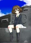  akiyama_yukari blush boots brown_eyes brown_hair cloud day girls_und_panzer gloves ground_vehicle hifumi_(vivian) highres jacket military military_uniform military_vehicle motor_vehicle on_vehicle ooarai_military_uniform panzerkampfwagen_iv short_hair sitting solo tank uniform v_arms 