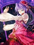  blue_eyes flower frills furudo_erika hair_flower hair_ornament holding holding_scythe justanotherkid long_hair one_eye_closed petals purple_hair ribbon rose rose_petals scythe solo twintails umineko_no_naku_koro_ni 