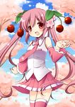  cherry cherry_blossoms day detached_sleeves food fruit hatsune_miku long_hair nail_polish necktie open_mouth oumi_neneha pink_hair red_eyes sakura_miku skirt sky solo thighhighs twintails very_long_hair vocaloid 