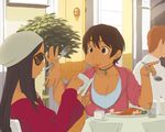  afterimage bare_shoulders black_hair book breasts brown_eyes brown_hair cup eating ebinera food helen_(idolmaster) idolmaster idolmaster_cinderella_girls large_breasts long_hair mouth_hold multiple_girls oikawa_shizuku pasta plate short_hair spaghetti steam sunglasses tan teacup waving 