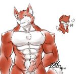  abs anthro balls biceps black_nose brown_fur canine chest_tuft chibi dog erection fangs fur grin humanoid_penis husky japanese_text looking_at_viewer male mammal muscles nipples nude pecs penis plain_background pose presenting sheath smile solo standing teeth text toned tuft vein white_background white_fur yellow_eyes zecomo 