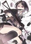  assault_rifle bad_id bad_pixiv_id black_hair bob_cut danganronpa danganronpa_1 freckles gun ikusaba_mukuro knife lari monokuma mouth_hold pleated_skirt purple_eyes rifle school_uniform short_hair skirt weapon 