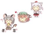  3girls :3 ? animal_ears brown_hair cat_ears cheese chen chibi food grey_hair hat heart inubashiri_momiji kane-neko mouse mouse_ears mouse_tail multiple_girls multiple_tails nazrin short_hair tail tail_wagging tokin_hat touhou white_hair wolf_ears wolf_tail |_| 