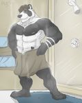  amwulf anthro bear biceps big_muscles black_fur black_nose brown_hair claws ear_piercing fur grin hair looking_at_viewer male mammal muscles neevipanda nipples panda pawpads paws pecs piercing pose shower smile solo standing steam tattoo toe_claws topless towel water wet white_fur yellow_eyes 