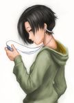  black_hair bob_cut brown_eyes ceramic_man digital_media_player headphones highres hood hoodie kobayakawa_rinko love_plus parted_lips profile short_hair simple_background solo 