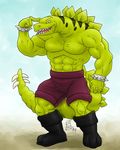  anthro biceps big_muscles black_eyes body_markings boots bracelet bulge clothing cuffs dinosaur extreme_dinosaurs fangs fb1907 flexing footwear green_skin grin horn jewelry looking_at_viewer male markings muscles open_mouth pecs pose reptile sauropod scales scalie shorts smile solo standing stegosaurus stegz_(extreme_dinosaurs) stripes teeth toned tongue topless 