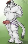  amwulf anthro balls biceps big_muscles black_nose dripping erection facial_hair feline fur goatee humanoid_penis jockstrap male mammal muscles penis precum rivers solo tiger topless underwear white_tiger 