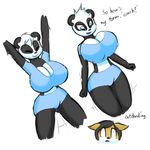  bear big_breasts black_hair blue_eyes breasts cleavage clothed clothing dialog english_text female hair huge_breasts jumping male mammal norithics panda smile text white_hair 