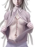  areola_slip areolae breasts brown_hair danganronpa head_out_of_frame highres lips long_hair medium_breasts nurse nyarko open_clothes open_shirt purple_hair scar shirt solo stitches super_danganronpa_2 tsumiki_mikan 