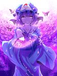  bug butterfly fan folding_fan hat highres hybrid_(1212apro) insect japanese_clothes pink_eyes pink_hair saigyouji_yuyuko short_hair smile solo touhou triangular_headpiece 