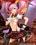  bat_wings belt breasts character_request cityscape cleavage demon_girl demon_tail finger_to_mouth green_eyes hand_on_hip medium_breasts midriff navel official_art pink_hair plaid plaid_skirt seikon_no_arcana short_sleeves silver_(atelier-tengu) skirt skull sky solo tail twintails underboob watermark wings wrist_cuffs 