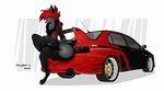  anthro arm_support breasts canine car cleavage clothed clothing female fur grey_fur hair lancer looking_at_viewer mammal red_hair solo tridognait 