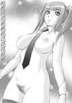  between_breasts breasts collarbone cowboy_shot cuffs detached_collar greyscale groin kiso_fumihiro large_breasts monochrome naked_necktie necktie necktie_between_breasts nipples nude original parted_lips pubic_hair pussy skindentation solo standing thighhighs twintails wrist_cuffs 