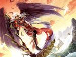  angel_wings armor bird blonde_hair breasts feathers large_breasts long_hair pixiv_fantasia pixiv_fantasia_new_world red_eyes scythe sky smile solo suzune_kotora veil wings 