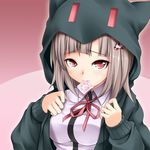  breasts brown_hair condom condom_in_mouth danganronpa hair_ornament hairclip hood hoodie large_breasts lips mouth_hold nanami_chiaki pink_eyes school_uniform solo super_danganronpa_2 tamajam 