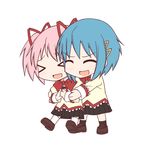  &gt;_&lt; :d blue_hair chibi closed_eyes hair_ornament hair_ribbon hairclip hug hug_from_behind kaname_madoka mahou_shoujo_madoka_magica miki_sayaka multiple_girls open_mouth pink_hair ribbon school_uniform sen-asanagi short_hair short_twintails smile twintails xd 