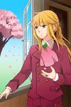  androgynous ascot blonde_hair cherry_blossoms fysr grey_eyes jewelry male_focus petals ponytail ring sky smile solo tree umineko_no_naku_koro_ni ushiromiya_lion wind window 