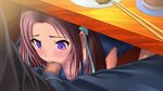  16:9 blush brown_hair censored character_request fellatio food hina_soft imojoku long_hair oral penis purple_eyes under_table 