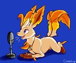  ambiguous_gender candyfoxy eeveelution feral fur leafeon lying microphone necklace nintendo on_front pok&#233;mon pok&eacute;mon solo tan_fur video_games 