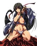  1girl black_hair breasts fundoshi katana large_breasts long_hair madhatter_hello panties purple_eyes queen&#039;s_blade queen's_blade smile solo sword tomoe underwear weapon 