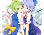  bad_id bad_pixiv_id blue_dress blue_eyes blue_hair blush bow cheek-to-cheek cirno daiyousei dress dzuu fairy_wings green_eyes green_hair hair_bow highres ice ice_wings multiple_girls one_eye_closed open_mouth puffy_sleeves short_sleeves touhou wings 